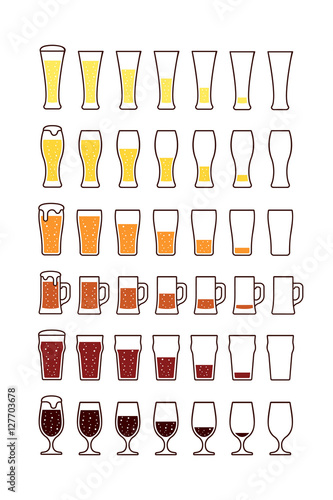 Glasses of beer with bubbles: empty, half, full. Vector photo