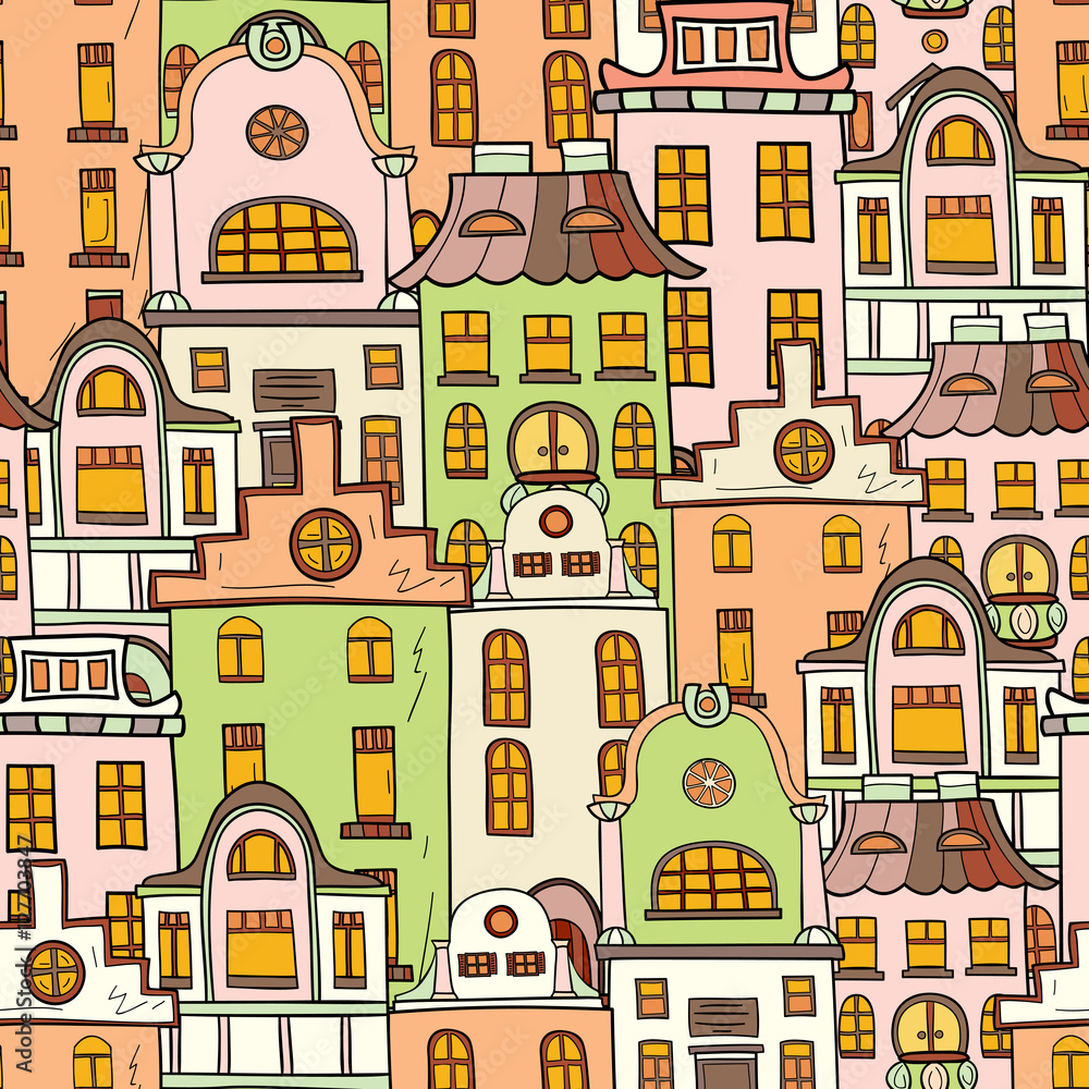 Seamless pattern of hand-drawn and colored houses.
