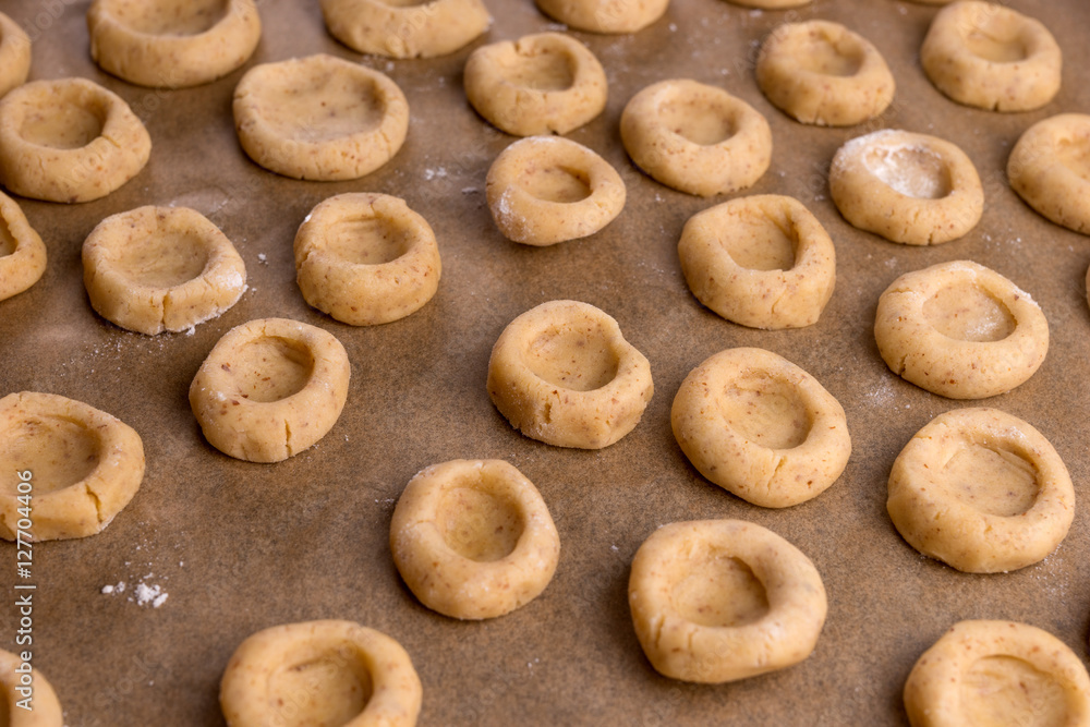 Closeup of round cookies on the baking sheet