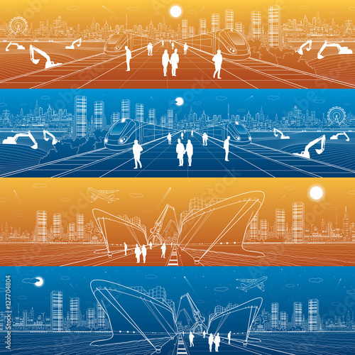 Transportation and industrial panorama. Two cargo ships loading. Two trains traveling. Day and night city infrastructure. Boats on water, sea harbor. People walking. Airplane fly. Vector design art
