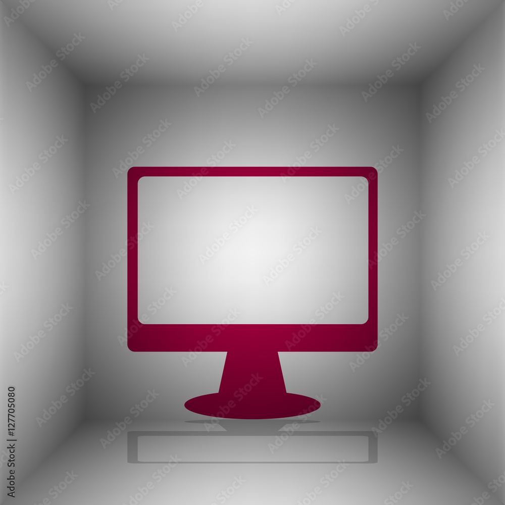 Monitor with brush sign. Bordo icon with shadow in the room. Monitor with brush sign. Bordo icon with shadow in the room.