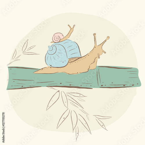 Two snails on bamboo, mother and child. Cute snail , autumn. baby illustration. Shirt design