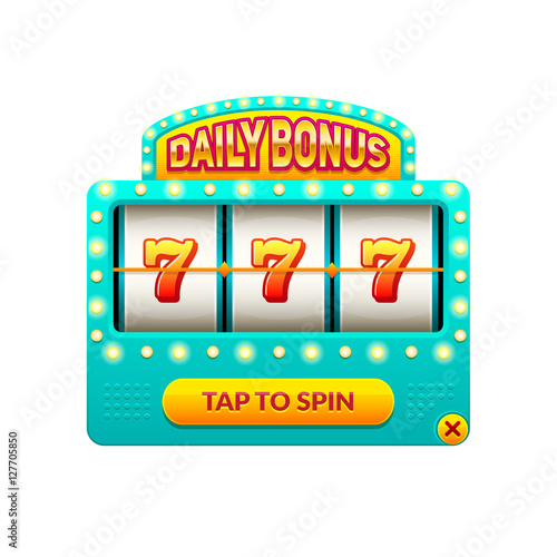 Cartoon slot machine. Daily bonus. Gambling game. Eps10 vector 777 slots illustration.