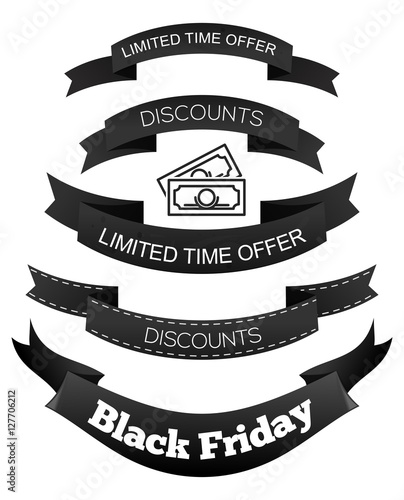 Black ribbons set with inscriptions for Black Friday. Discounts. limited time offer. Black Friday design. Vector illustration