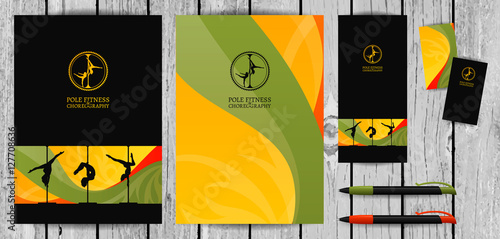 Vector Yellow and Pink Pole Dance and Aerial Sports School Corporate Identity and Stationery Templates Set. Document, Book