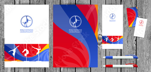 Vector Yellow and Pink Pole Dance and Aerial Sports School Corporate Identity and Stationery Templates Set. Document, Book