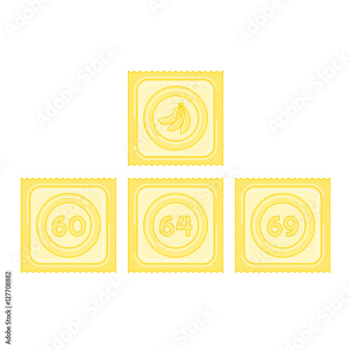 Banana flavored condom in package size 60, 64 and 69 illustration yellow color and banana icon flat design isolated on white background