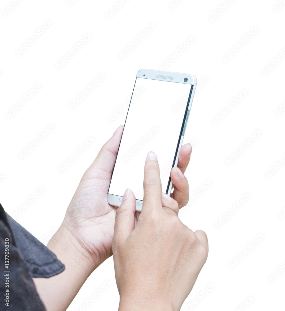 Hand holding and Touch mobile smartphone isolated on white back Hand holding and Touch mobile smartphone isolated on white back