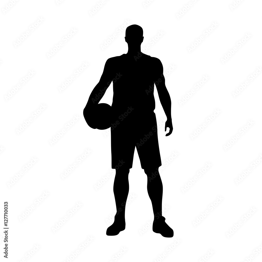 Basketball player standing and holding ball, vector silhouette