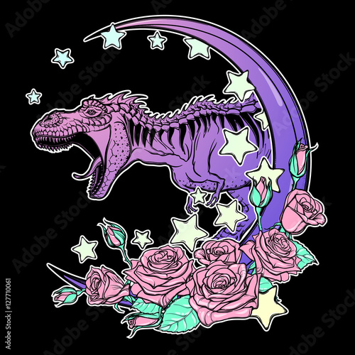 Detailed sketch style drawing of the roaring tyrannosaurus rex on Kawaii Moon and roses frame. Tattoo design. Concept art. Pastel goth pallette. EPS10 vector illustration isolated on black background.