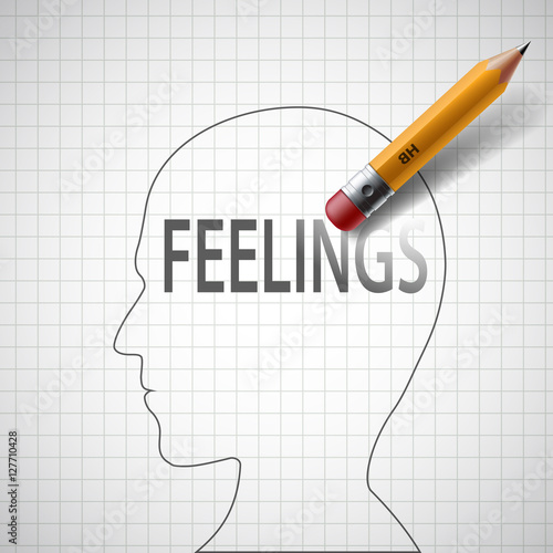 Pencil drawing in human head the word feeling. Stock vector illu