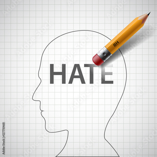 Pencil erases in the human head the word hate. Xenophobia and mi