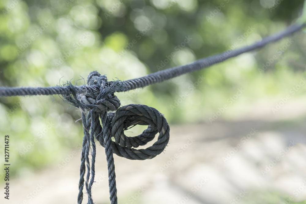 Knot on the rope, green, blurred background.