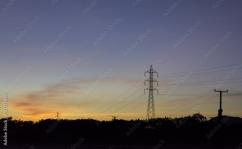 Electric pole on the background sky at sunset.