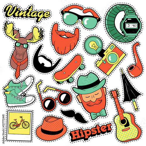 Hipster Vintage Fashion Stickers, Patches, Badges set with Beards, Mustache and Deer. Vector Doodle in Comic Style