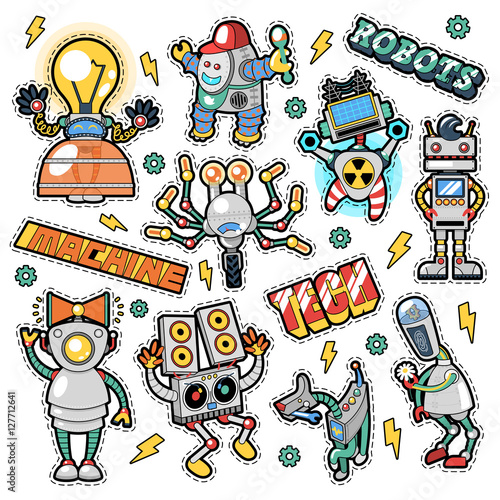 Robots and Machines Stickers, Badges, Patches set in Retro Comic Style for Prints and Textile. Vector doodle