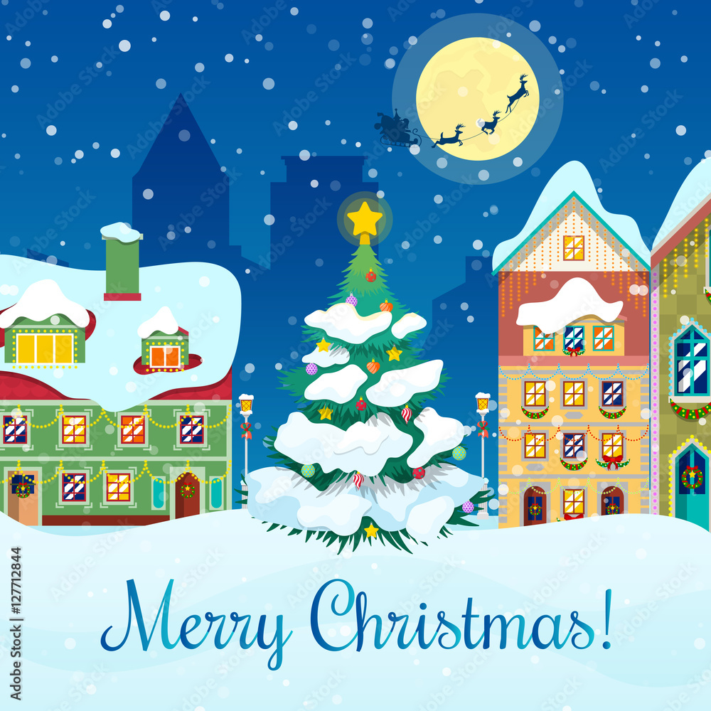 Merry Christmas Cityscape with Snowfall, Christmas Tree and Santa with Reindeers Greeting Card. Vector background Merry Christmas Cityscape with Snowfall, Christmas Tree and Santa with Reindeers Greeting Card. Vector background