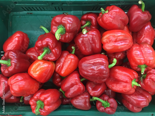 top view red bell-pepper in basket,market