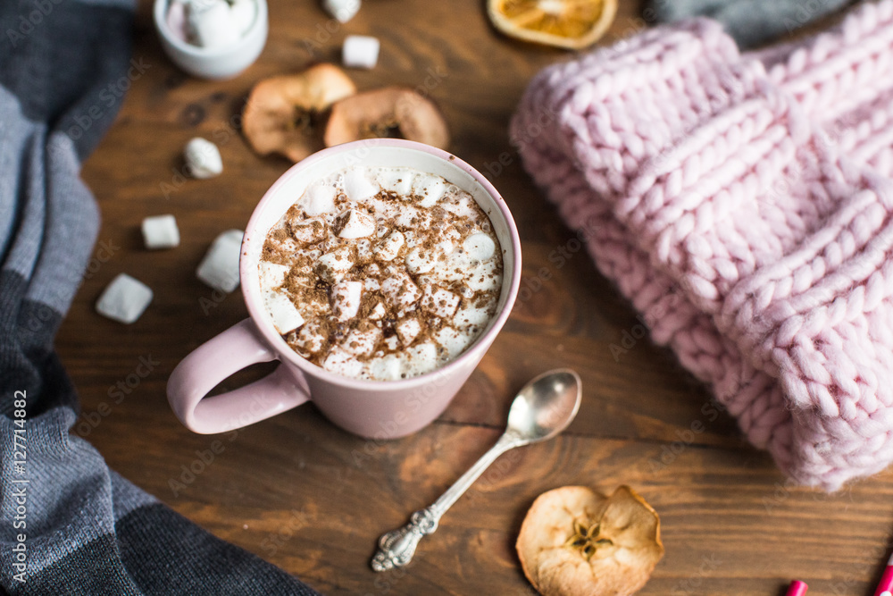 winter still life: hat, gloves, hot chocolate with marshmallows winter still life: hat, gloves, hot chocolate with marshmallows