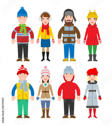 people in winter warm clothes set on white background