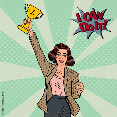 Pop Art Business Woman Winner with Golden Cup. Vector illustration