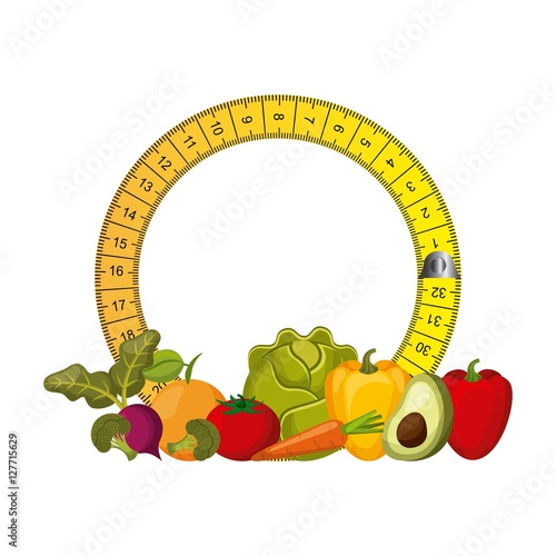 healthy food for dieting with measurement tape in circle shape over white background. colorful design. vector illustration