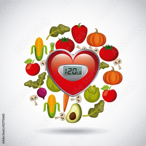healthy food for dieting around red heart icon over white background. colorful design. vector illustration