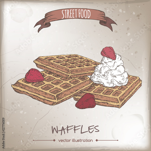Belgian waffles with cream and strawberries color sketch