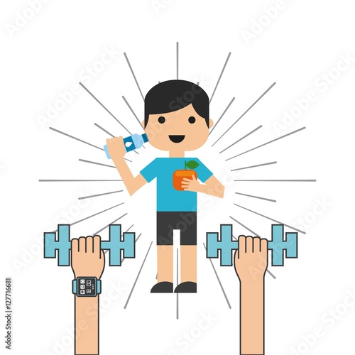 hands holding a dumbbells and cute boy wearing sport clothes and holding apple and water bottle ove white background. vector illustration