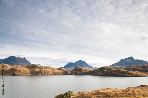 Stac Pollaidh, Cul Mor and Cul Beag from across the Polly Lochs, Assynt, Sutherland, Scotland