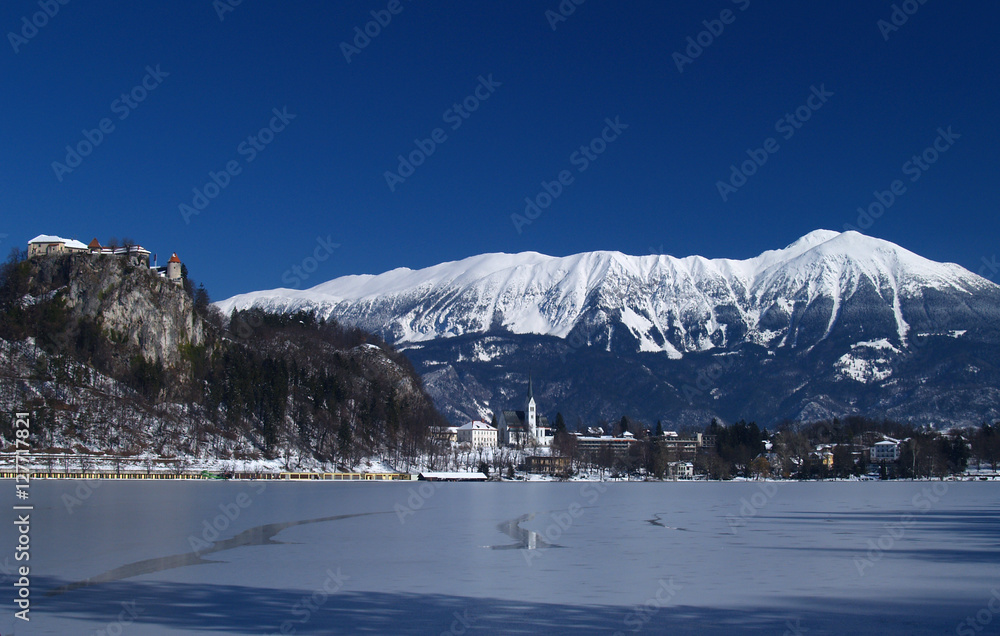 Lake Bled on a clear wintery day, lake frozen Lake Bled on a clear wintery day, lake frozen