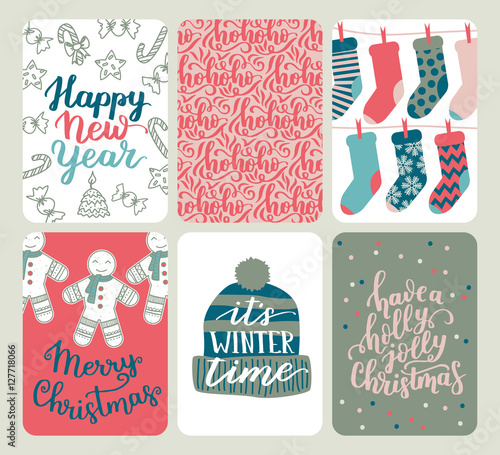 Collection of six Christmas and New Year cute ready-to-use gift cards. Set of 6 printable hand drawn holiday label in red, blue and white. Vector seasonal badge design.