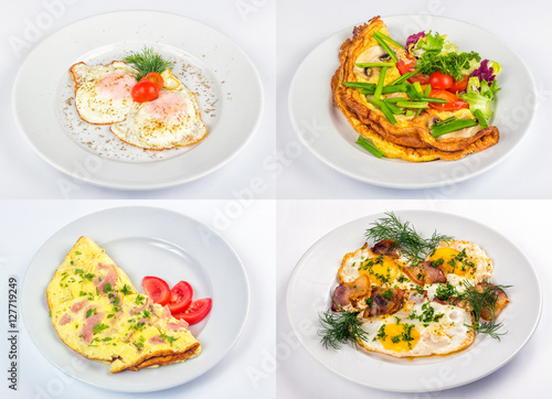 four breakfast with fried egg and omelette
