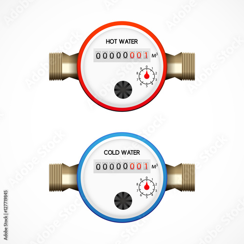 Set of water meters for cold and hot water, vector, isolated on white