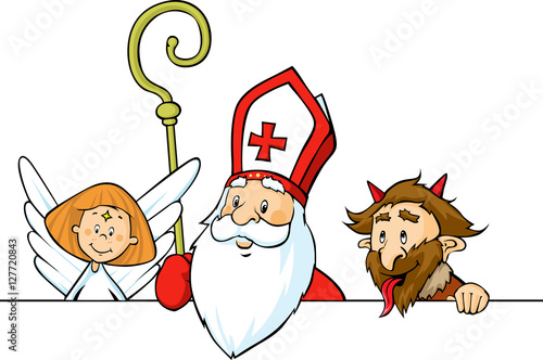 Saint Nicholas, devil and angel peeking out behind white surface - vector illustration