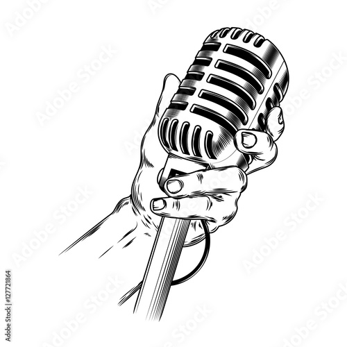 Old microphone in hand made in engraving style