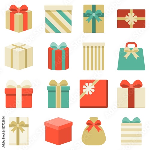 parcel and colorful gift box collection, present boxes icon for christmas and new year, flat design vector