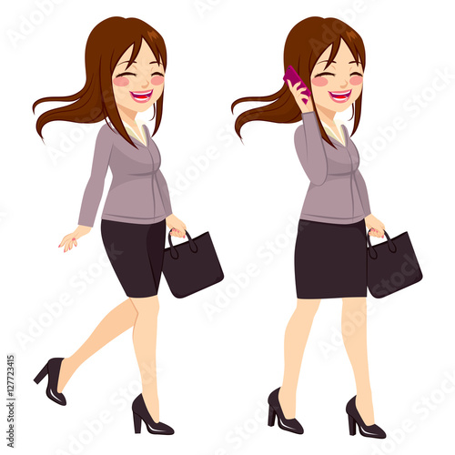 Two action happy young walking businesswoman answering phone call