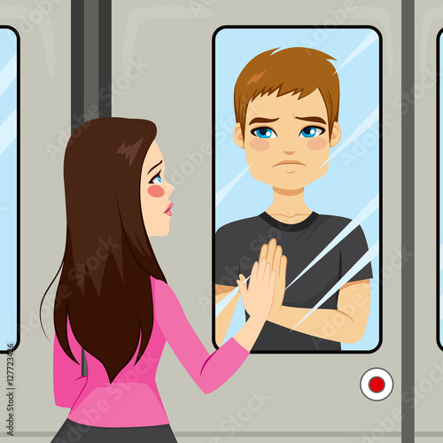 Illustration scene of two young lovers on a farewell train moment