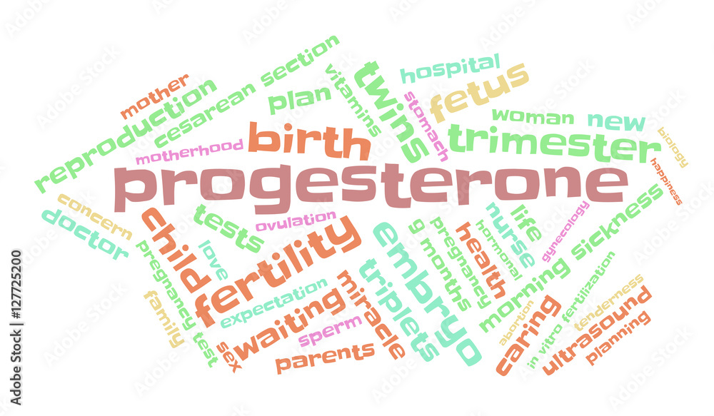 Progesterone. Word cloud, multicolored font, white background. The miracle of birth.