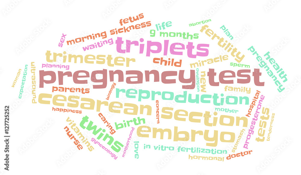 Pregnancy tests. Word cloud, multicolored font, white background. The miracle of birth.