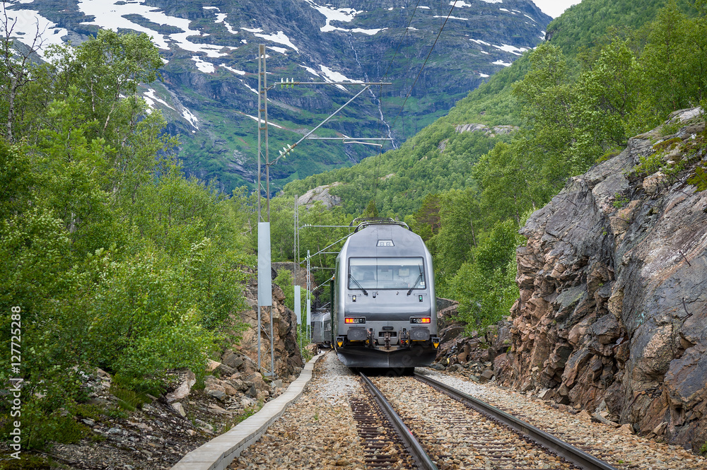 Flamsbana railway train arriving at small rural station, Norway.