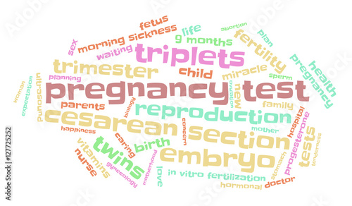Pregnancy tests. Word cloud, multicolored font, white background. The miracle of birth.