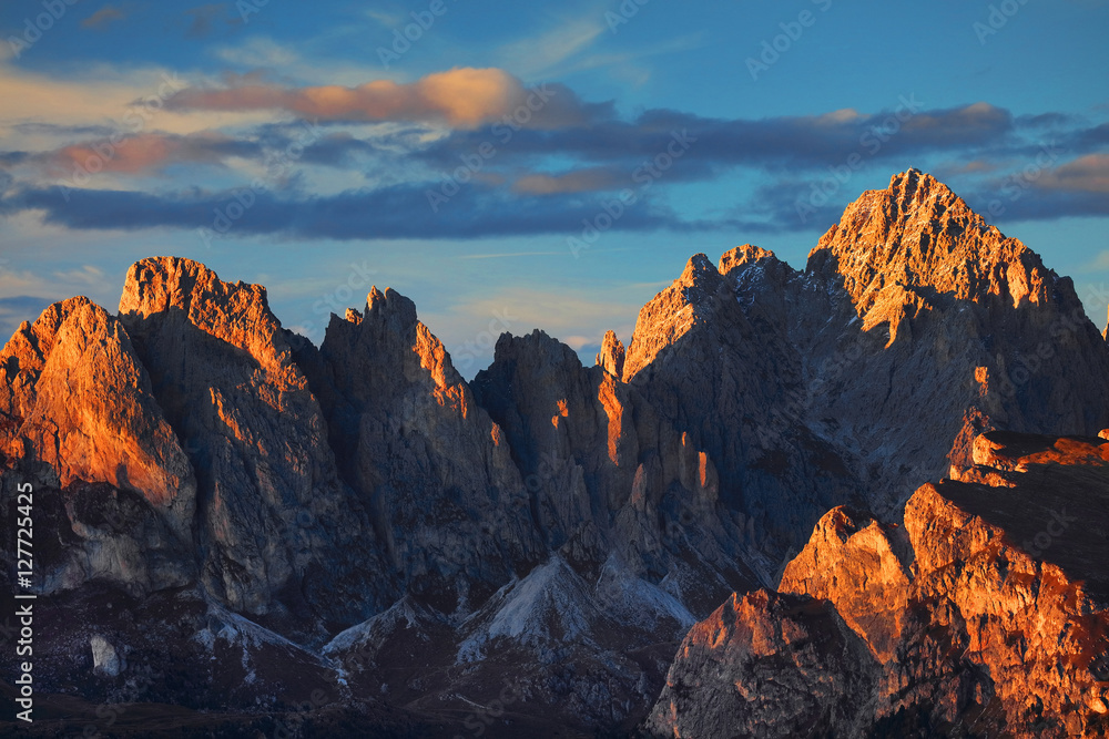 Sunset light over the Dolomites Mountains, Italy, Europe