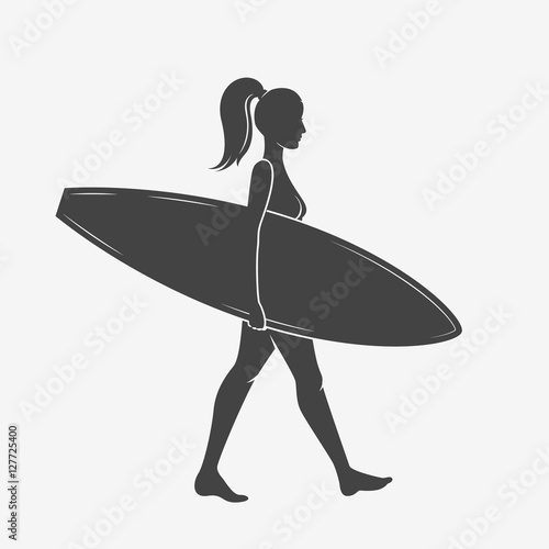 Woman goes surfing with surfboard. Surf vintage logo. Vector illustration © bigbaraboom