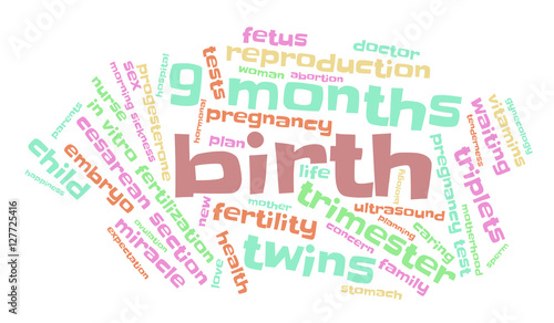 Birth. Word cloud, multicolored font, white background. The miracle of birth.