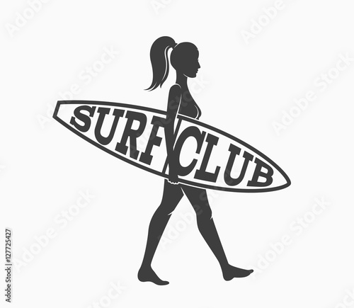 Woman goes surfing with surfboard. Surf club logo. Vector illustration