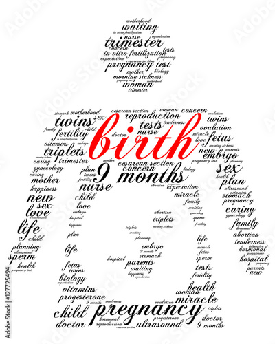 Birth. Word cloud, silhouette of a pregnant woman, italic font, white background. The miracle of birth.