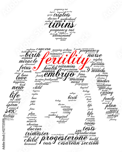 Fertility. Word cloud, silhouette of a pregnant woman, italic font, white background. The miracle of birth.