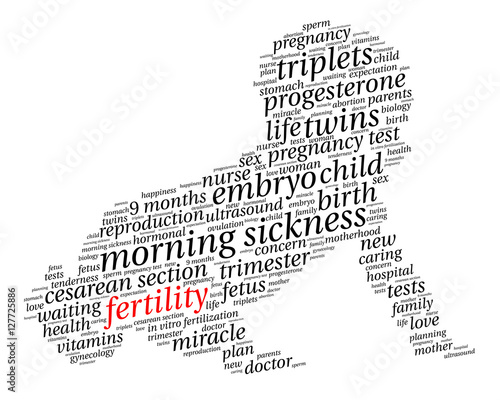 Fertility. Word cloud, baby silhouette, italic font, white background. The miracle of birth.